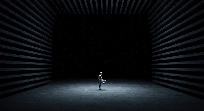 Conceptual image of profound emptiness and silence. The vast, deep space absorbs all sound, yielding a complete and unsettling blank echo, response, boundary, listening