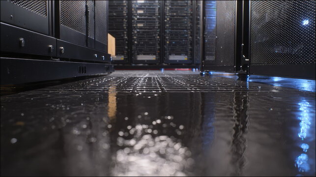 Server room floor flooded by leaking water, forming reflections under rack servers and threatening critical it infrastructure, equipment and data integrity