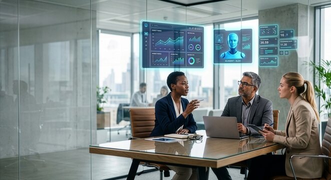 Business team collaborating with agentic AI interface in modern office, holographic dashboard