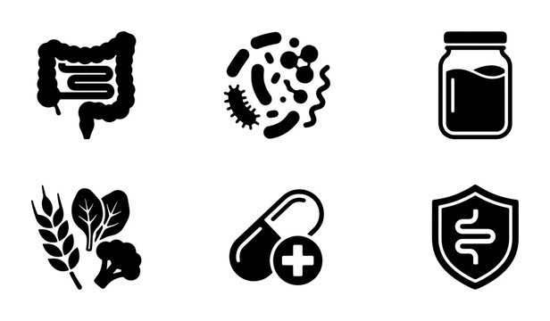 Microbiome Health Icons: Gut Bacteria, Probiotics, Nutrition, Supplements, and Digestive System Vector Set