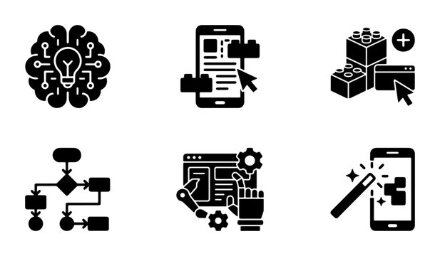 Technology Icons Set: AI Brain, App Development, Building Blocks, Flowchart, Robotics, Magic Wand, Digital Creation, Software Engineering, Smart Device Interface