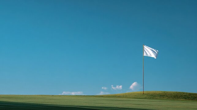 golf. Golf flag gently fluttering in a soft breeze on a pristine green under blue sky. event key visuals, club posters, designed for fitness apps and gym onboarding, used by event planners.