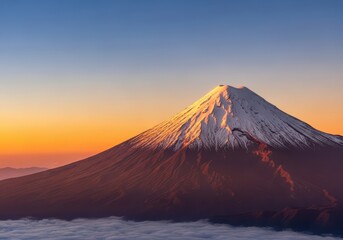 Fototapeta premium The iconic conical stratovolcano, capped with brilliant white snow, rises above the cloud layer at dawn, illuminating the mountainous terrain, winter, summit, glow