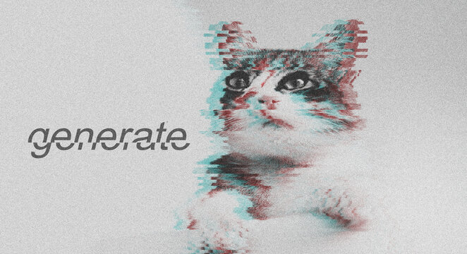 Glitch Effect Kitten Cat Portrait Generate Typography JPEG Illustration Grainy Texture Anaglyph Distorted Feline Digital Art Concept Design