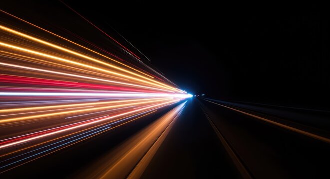 Dynamic stream of light illustrating continuous energetic acceleration and unstoppable forward motion in an abstract dark setting, speed, Abstract, movement