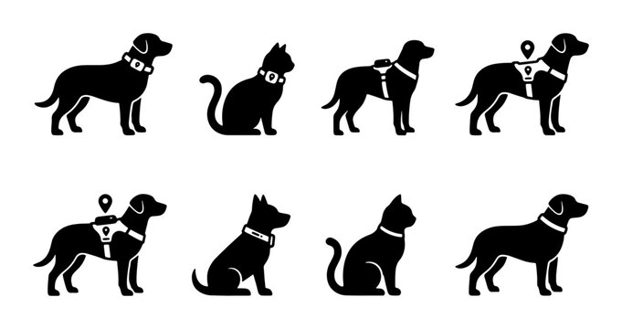 Dog and Cat Silhouette Icons Set, Pet Accessories Vector Graphics, Animal Navigation Symbols, Canine and Feline Outline Illustrations