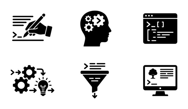 Coding and Development Icons Set, Programming Symbols, Software Engineering Concepts, Digital Workflow and Algorithm Icons