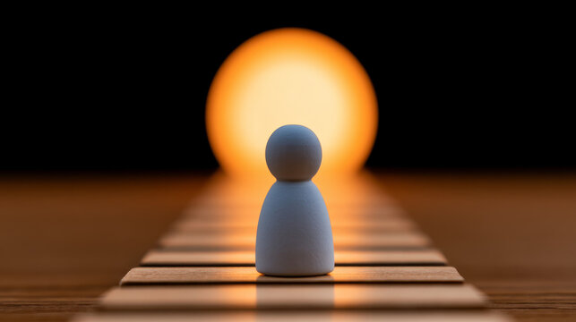 Mindfulness self and control self guide figure toward compassion as it stands on wooden path illuminated by warm glowing light in tranquil setting
