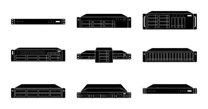 Server Rack Units, Network Hardware, Data Center Equipment Icons - Vector Set for IT Infrastructure and Technology Concepts