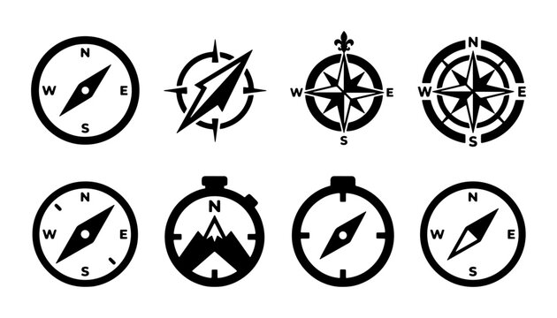 Navigation Compass Icons Set, Vector Directional Tools Collection, Nautical Wind Rose Symbols, Orienteering Guides, Travel and Adventure Graphics