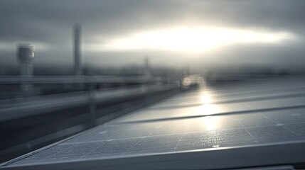 Obraz premium Solar panels on a rooftop absorbing sunlight for renewable energy production, with blurred urban structures and a bright sky creating a conceptual atmosphere