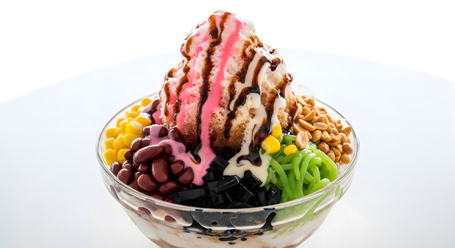 Shaved ice dessert with various toppings from Malaysia, Southeast Asia or known as ais kacang in glass bowl