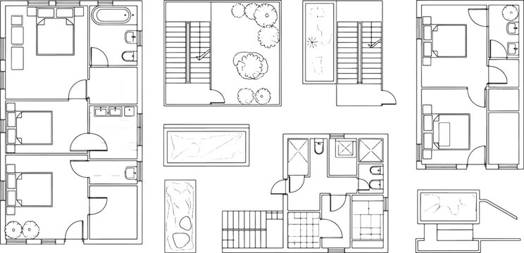 Architectural floor plan set showing residential house layout with multiple levels and rooms in black line drawing