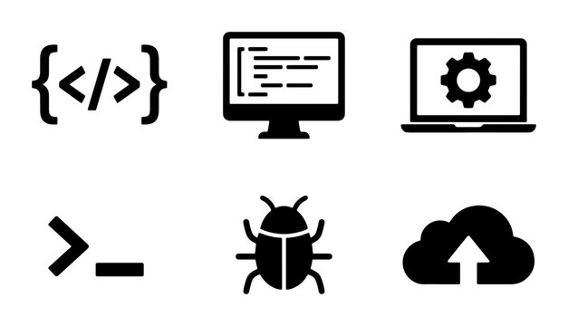 Coding and Software Development Icons: Programming, Debugging, Cloud Computing, Command Line, and Computer Interface Symbols for Tech Concepts