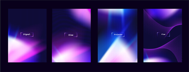 A set of mesh posters in purple and pink tones. Futuristic neon mesh background with prism overlay and vibrant wave effects. Abstract purple glow with light leaks and projector reflection © Kari_designer