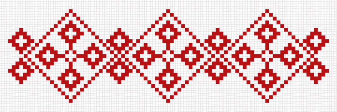 border with traditional Belarusian ethnic symbols representing the family hearth and unity. Red pixel geometric folk embroidery on white linen texture background for national ribbon or textile decor