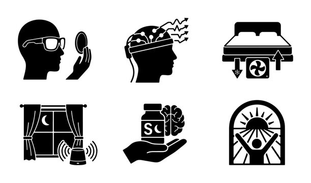 Sleep Hygiene Icons Set, Restful Night, Brain Health, Circadian Rhythm, Wellness Concepts, Vector Graphics