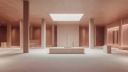 Fototapeta premium Neutral color palette and natural skylight illuminate an open spacious modern architecture, creating an atmosphere of calm for art gallery or showroom display