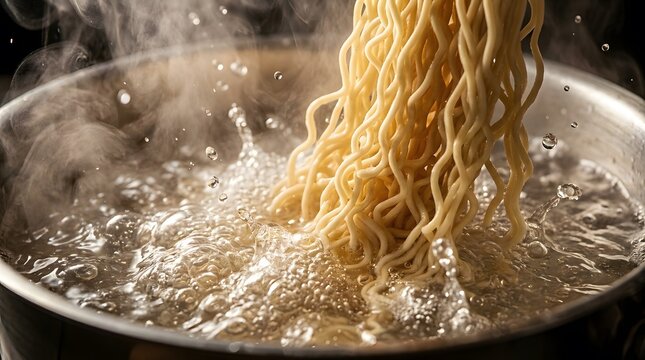 Close-up of fresh ramen noodles being boiled in a pot of bubbling water, with steam rising, high-angle shot