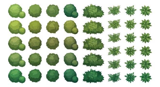 Set of green bushes and garden plants for architectural landscape design and digital map creation