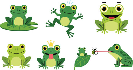 Obraz premium Cute Frog Icon Set with Frogs on Leaves, Jumping Frogs, Baby Frogs, and Frogs with Accessories for Nature and Animal Designs
