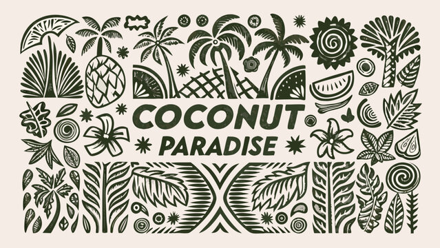 tropical botanical illustration with coconuts palm leaves and floral elements in a vintage style