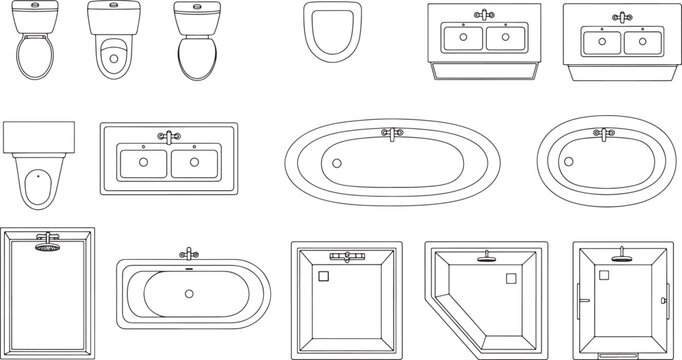 Bathroom furniture top view vector set including toilets bathtubs and sinks for architectural floor plan design