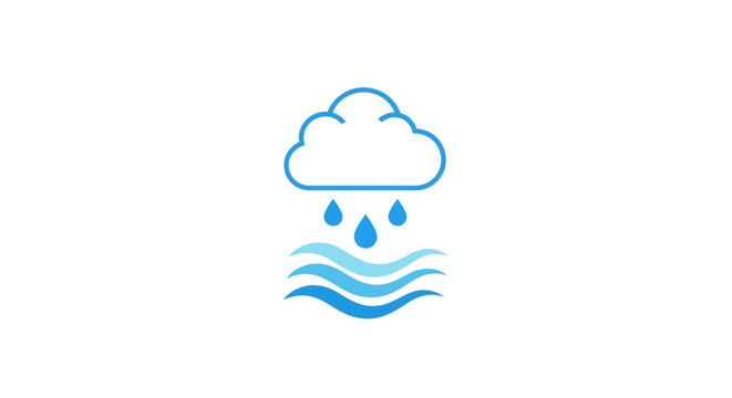 Cloud raining water drops on wavy ocean surface icon.