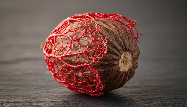 Raw nutmeg wrapped in vibrant crimson red mace aril lace macro