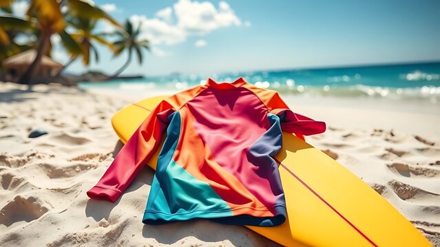 rashguard. A vibrant colored rashguard laid flat on a sandy beach with a surfboard. event key visuals, club posters, designed for fitness apps and gym onboarding, used by fitness trainers.