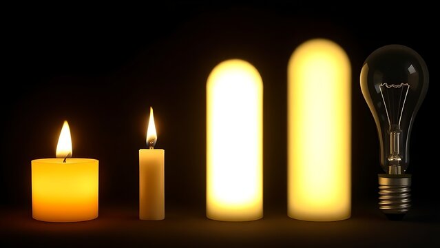 chronological. Evolution of light sources from candle flame to modern illumination in chronological sequence. symbolizing life milestones and joyful moments.