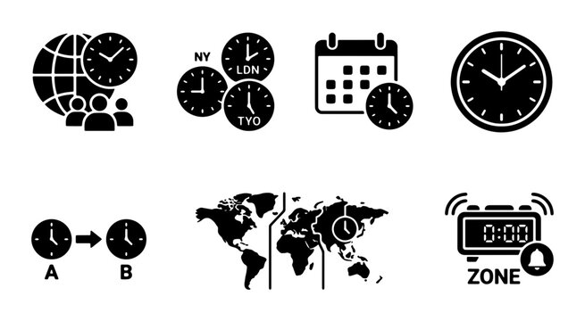 Time Zone Icons, Global Clock Set, Calendar and World Map Vector Graphics, Business Meeting and Travel Planning Icons
