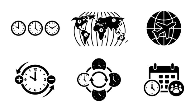Global Time Zone Icons, World Map Clocks, Travel Time Vector Set: 6 Icons for Business and Travel Planning