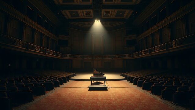 harpsichord. Empty historic concert hall with a single harpsichord on stage under spotlight. event programs, museum guides, designed for cultural heritage projects and event programs.