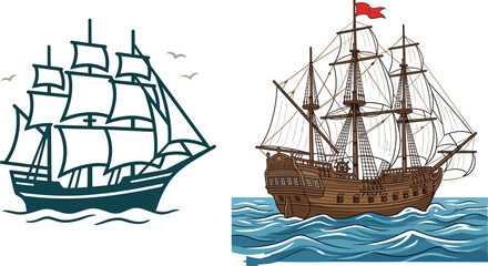 Vintage Sailing Ship and Pirate Ship Illustration, Traditional Tall Ships on the Ocean with Sails and Waves for Nautical Design © Sultana