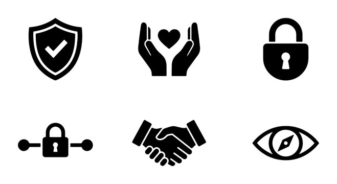 Security and Trust Icons: Shield, Hands with Heart, Padlock, Network Lock, Handshake, Eye Compass, Vector Set for Business and Safety Concepts