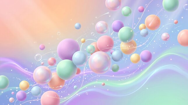 Abstract background with floating pastel spheres and glowing light trails