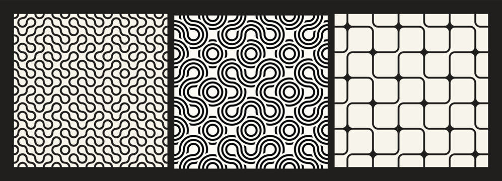 Vector seamless pattern set. Geometric monochrome surface design. Repeating striped linear ribbons.