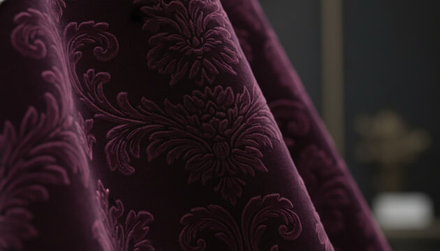 Deep plum burgundy Gaufrage embossed velvet fabric texture with floral pattern