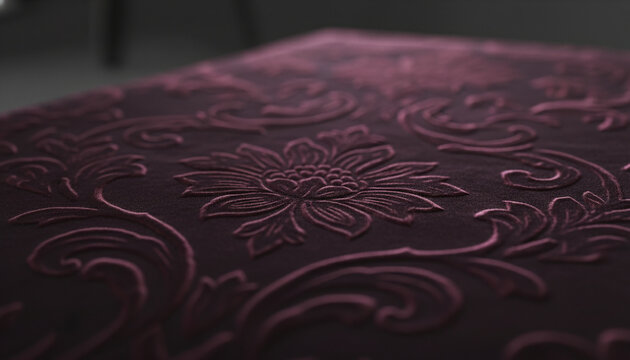 Deep plum burgundy Gaufrage embossed velvet fabric texture with floral pattern
