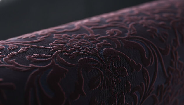 Deep plum burgundy Gaufrage embossed velvet fabric texture with floral pattern