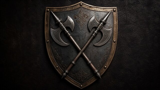 polearms. Heraldic shield emblem with crossed polearms on leather background. event programs, museum guides, designed for cultural heritage projects and event programs, elevates cultural identity.