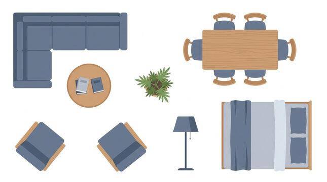Top view of modern living room furniture arrangement and decor elements.