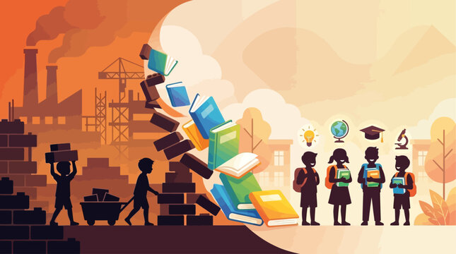 Books Replace Bricks Child Labour Awareness Flat Vector Illustration