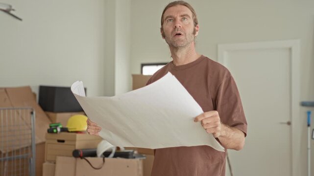 Man holding large blueprints and reading with furrowed brow in a building under renovation; concentration planning.