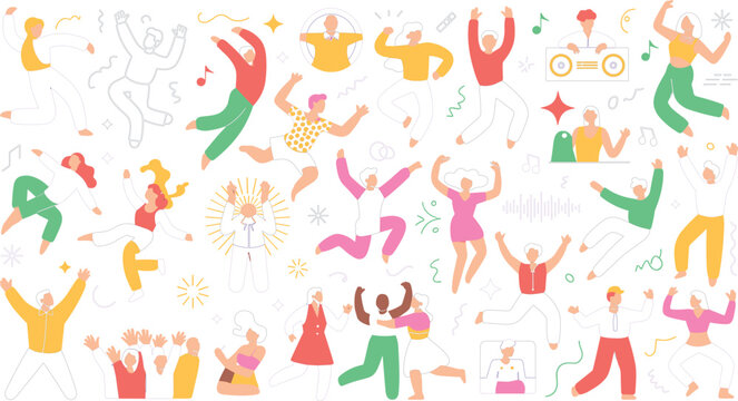 Happy people celebrating and dancing illustration set featuring joyful characters, festival activities, music party and social lifestyle vector collection