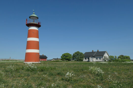 Lighthouse at Narsholmen nature reserve on eastern Gotland, Sweden.