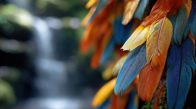 synchronized. Vibrant parrot feathers in a tropical rainforest, with synchronized motion and waterfall mist. wildlife magazines.