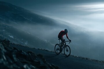 Fototapeta premium A lone cyclist in red jersey races down a misty mountain road during golden hour, dramatic lighting.