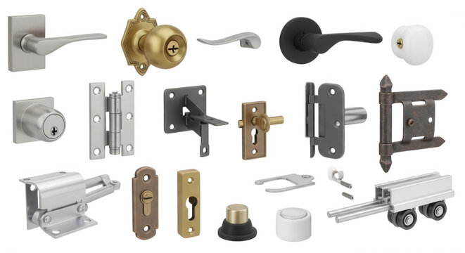 Collection of various door hardware including metal handles, brass knobs, hinges, locks, plates, and sliding track rollers on black background